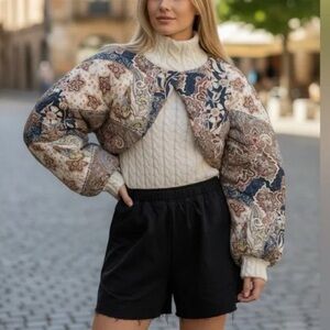 House Of Harlow 1960 Quilted Paisley Print Cropped Jacket Puff Sleeve